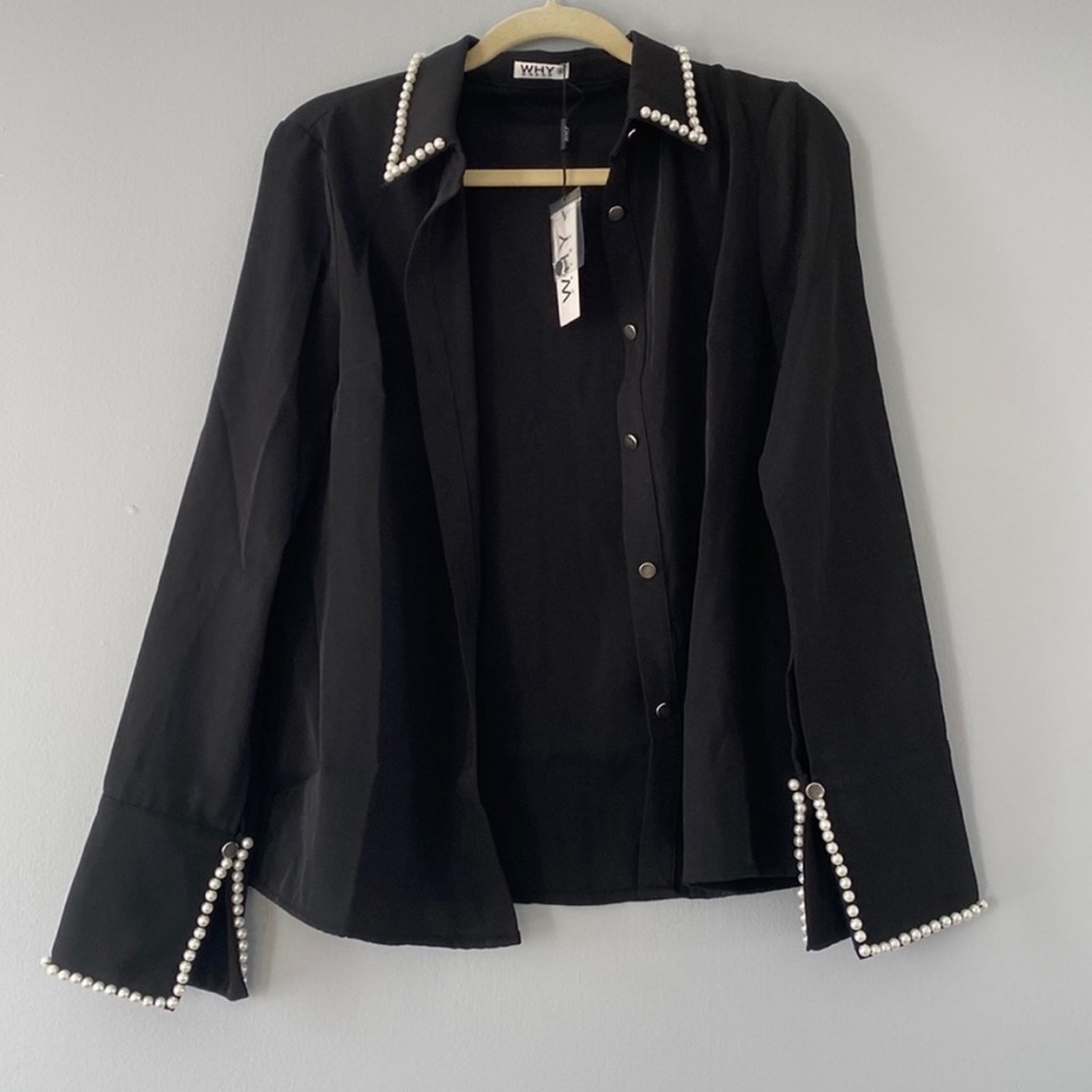 NWT Black with Pearl Accent Long Sleeve Dress Blouse